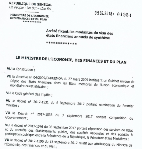 Arrêté 1952 fixant les modalités du visa des états financiers